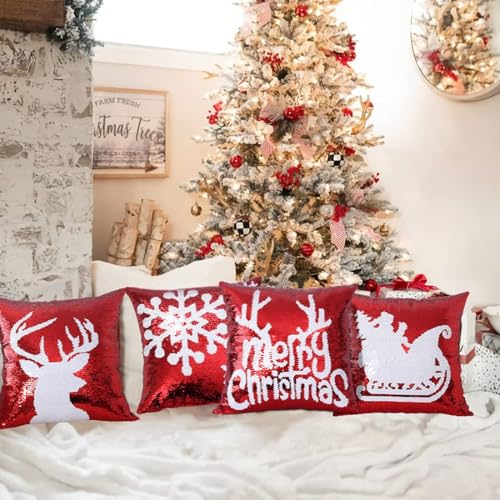 Bling Christmas Sequin Pillow Covers 18x18 Inches Set of 4 - Reversible Holiday Cushion Cases - Red Snowflake Design