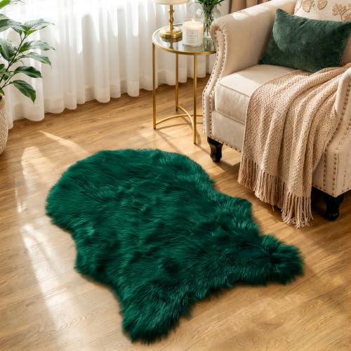 Dark Green Faux Fur Sheepskin Rug 2x3 ft - Plush Fluffy Area Rug for Home Decor