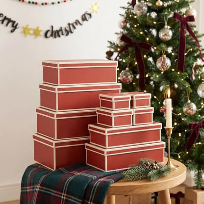 Christmas Gift Boxes with Lids Set of 10 - Festive Red Holiday Packaging