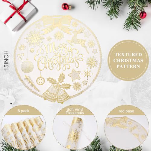 Christmas Placemats Set of 6 - Gold Merry Christmas Round Vinyl Easy Clean 15 Inch