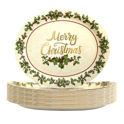 30Pcs Christmas Holly Paper Disposable Oval Plates 10x12 Inch Holiday Party Supplies