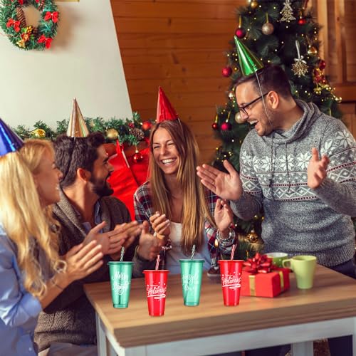 Christmas Plastic Cups with Lids & Straws - 50 Pack, 25 Oz, Reusable, Holiday Party Supplies, 10 Styles