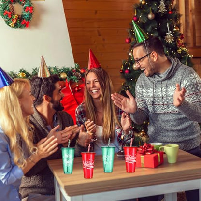 Christmas Plastic Cups with Lids & Straws - 50 Pack, 25 Oz, Reusable, Holiday Party Supplies, 10 Styles