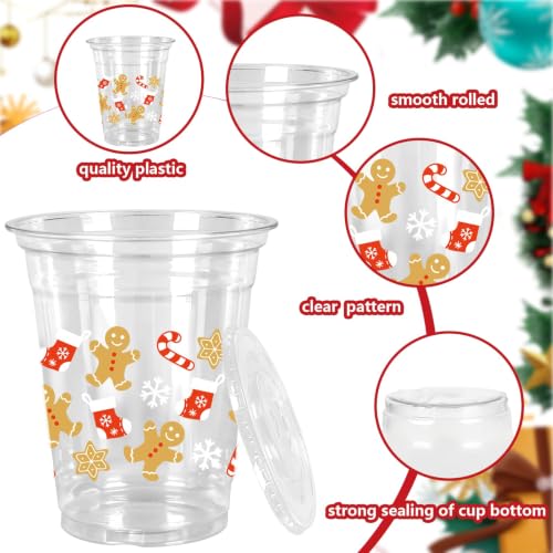 Christmas Plastic Cups with Lids & Straws - Gingerbread Man Design, 12oz, Pack of 50