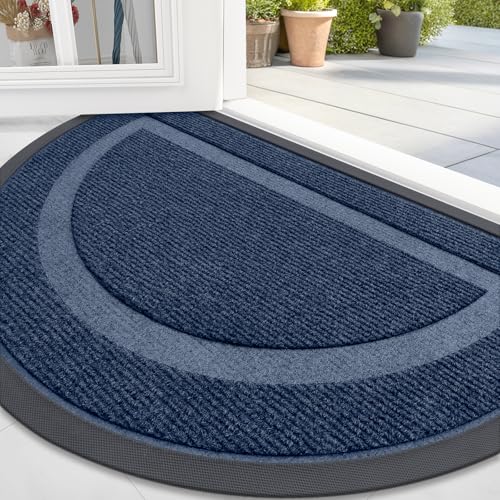 OLANLY Half Circle Door Mat Indoor Outdoor Entrance Welcome, Waterproof All-Season, All-Weather Doormat, Sturdy Natural Rubber, Low Profile, Easy Clean Patio Porch Entryway Mat, 33x21, Blue