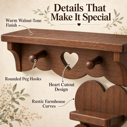 Wooden Heart Wall Shelf Set with Hooks and 3-Tier Display for Bedroom Entryway