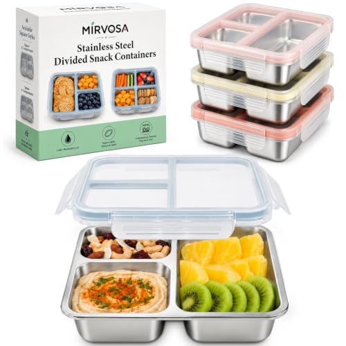 Square 3-Compartment Stainless Steel Snack Containers with Lids for Kids - 4 Pack