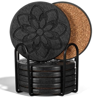 8 Pcs Diatomaceous Earth Coasters Set with Cork Bottom & Storage Holder