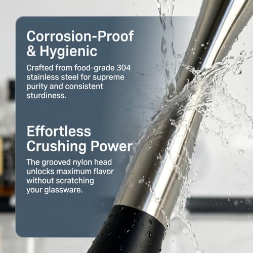 8-Inch Stainless Steel Cocktail Muddler for Fruit and Herb Crushing