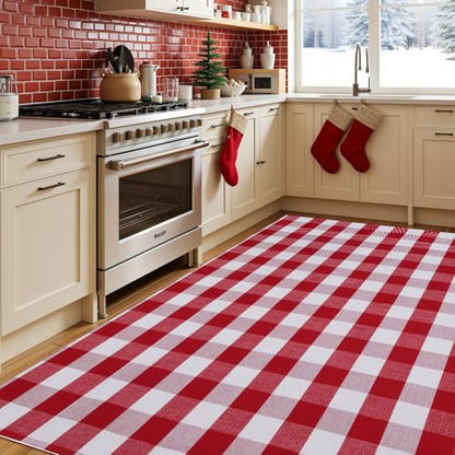 Christmas Buffalo Plaid Rug 5x7 Ft - Red & White Indoor Outdoor Decor