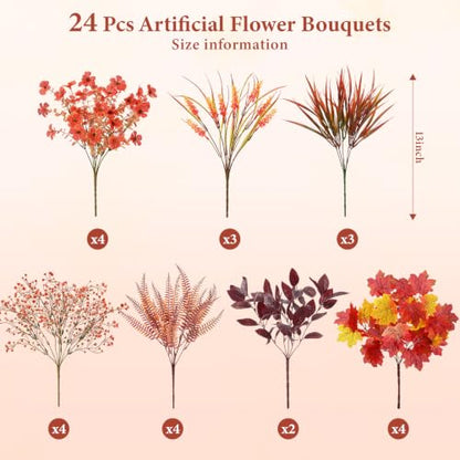 Artificial Fall Flowers Bundle 24pcs Outdoor Decor Autumn Flowers with Maple Leaves
