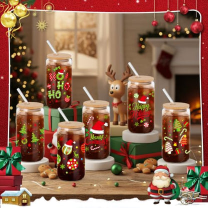 12-Pack Christmas Glass Cups Gift Set - 16oz Drink Jars with Straws & Lids - Vivid Holiday Styles