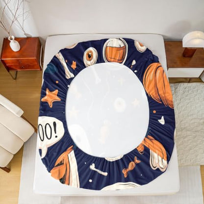 Kids Full Size Bat Ghost Halloween Bed Sheet Set Navy Blue Deep Pockets with Pillowcases