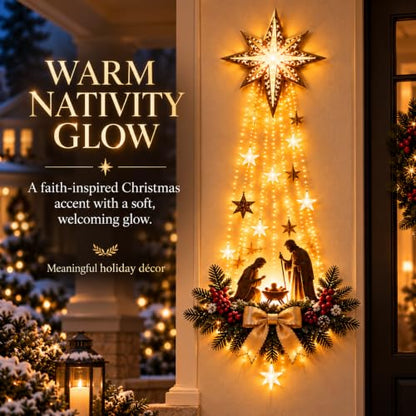 Lighted Nativity Wall Decor - Bethlehem Star of Faith with Manger Scene, 1 Piece - Glowing Christmas Religious Ornament
