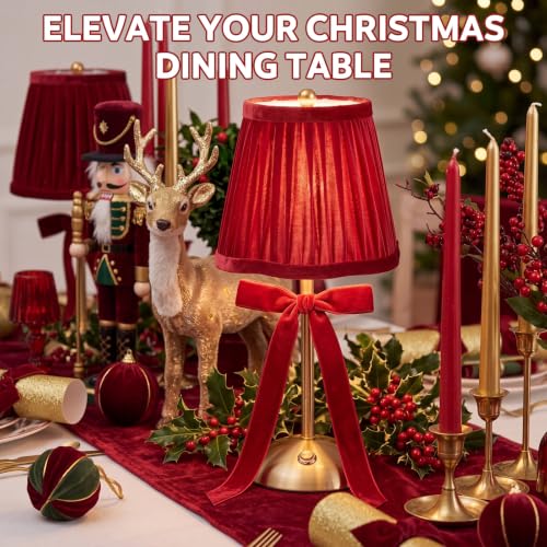 Red Christmas Cordless Table Lamp with Velvet Finish - Rechargeable, Dimmable, Portable Decor - 2 Pack