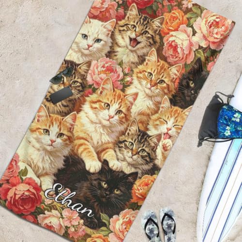 Personalized Beach Towel Cats 30x60 Custom Name Gift with US Variation