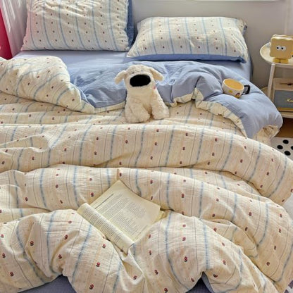 Reversible Blue & White Tulip Floral Duvet Cover Queen Size 90x90 with Pillowcases