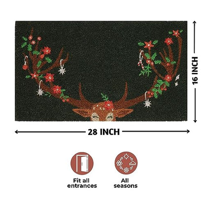 Reindeer Christmas Door Mat - 16 x 28 Inches Natural Coir Rug, Rustic Holiday Decor