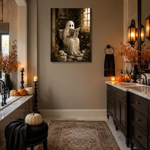 Halloween Canvas Wall Art Ghost Reading Bathroom - 8x10 Inches - Karani