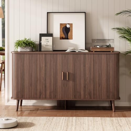55-Inch Walnut Fluted Sideboard Buffet Cabinet with Sliding Door - Mid-Century Modern Storage
