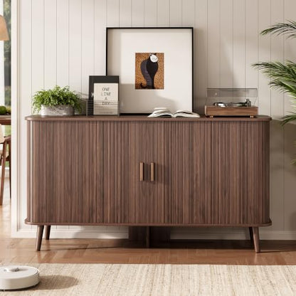 55-Inch Walnut Fluted Sideboard Buffet Cabinet with Sliding Door - Mid-Century Modern Storage