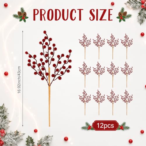 12 Pack Artificial Frosted Burgundy Berry Stems for Holiday Decor - 17 Inch