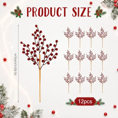 12 Pack Artificial Frosted Burgundy Berry Stems for Holiday Decor - 17 Inch