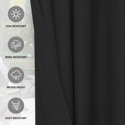 Easy-Going 100% Waterproof Outdoor Curtains Windproof Weatherproof Porch Curtains, Premium Thick Outdoor Privacy Grommet Top Panels for Patio, Gazebo and Pergola, 2 Panels, 54x84 inch, Black