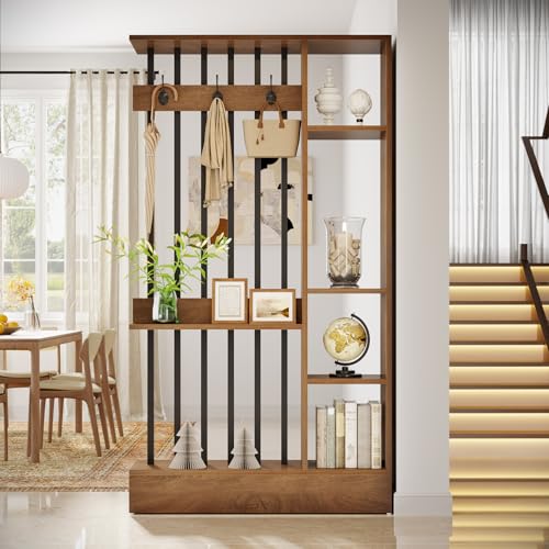 Tribesigns 71" Wall Divider with Open Shelves & Coat Hooks - Brown, 39.37" W x 11.81" D x 70.87" H