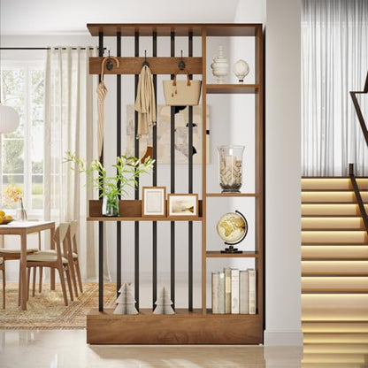 Tribesigns 71" Wall Divider with Open Shelves & Coat Hooks - Brown, 39.37" W x 11.81" D x 70.87" H