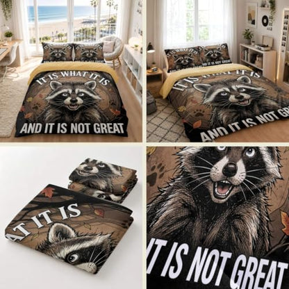 King Raccoon Cartoon Duvet Cover Set with Pillowcases - Soft Microfiber Bedding for Kids Teens Bedroom Decor (104x90in + 20x30in)