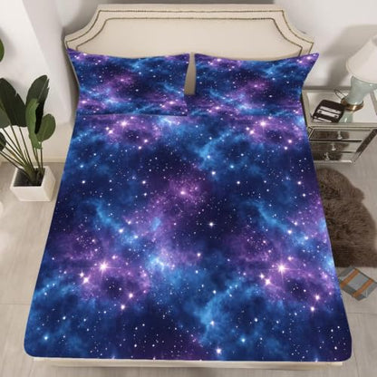 Galaxy Starry Sky Bed Sheet Set Queen - Purple Blue Nebula Bedding