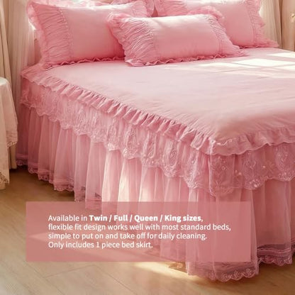 Queen Size Lace Ruffled Bed Skirt - Light Purple 60x80in Romantic Tulle Dust Ruffle