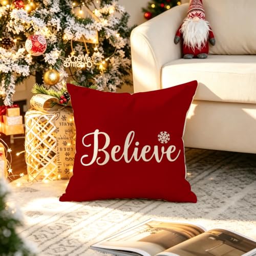 Christmas Believe Pillow Cover 18x18 Red Holiday Decor - Pack of 1