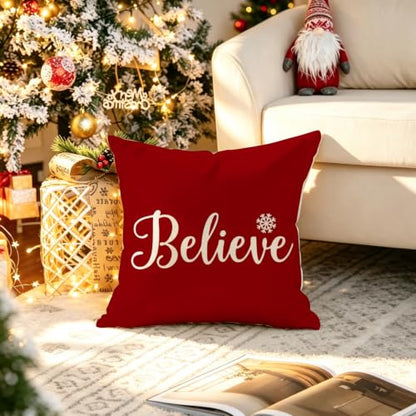 Christmas Believe Pillow Cover 18x18 Red Holiday Decor - Pack of 1