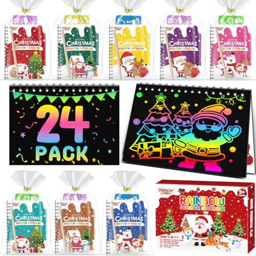 24 Pack Christmas Scratch Notebooks Art Party Favors for Kids - Rainbow Designs