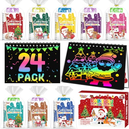 24 Pack Christmas Scratch Notebooks Art Party Favors for Kids - Rainbow Designs