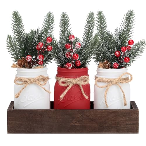 Christmas Mason Jars Set with Wooden Tray - White & Red Decorative Centerpieces