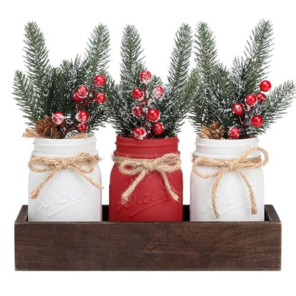 Christmas Mason Jars Set with Wooden Tray - White & Red Decorative Centerpieces