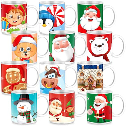 12 Pack Christmas Ceramic Coffee Mugs Set 11 oz Holiday Drinkware with Handle