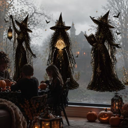 Halloween Witch Static Window Clings Stickers - Indoor Decor, Reusable & Spooky, 9 Pcs - Witch Variation