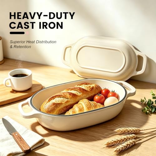 White 5QT Oval Cast Iron Dutch Oven for Bread Baking with Lid