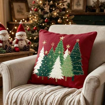 20x20 Christmas Pillow Covers Set of 2 Dark Red Xmas Tree Decor - Cotton Linen