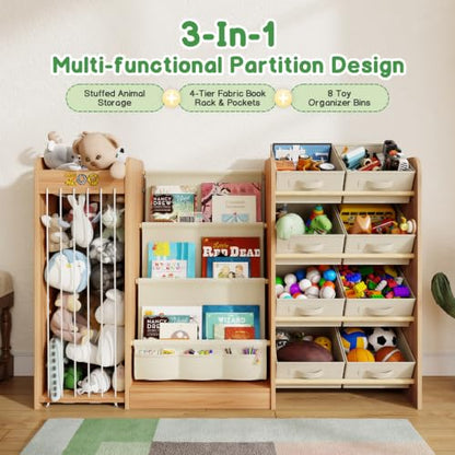 Kids Toy Organizer with Bookshelf & Stuffed Animal Storage 51 Inch Burlywood