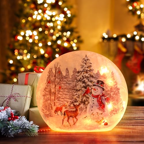Lighted Christmas Snowman Lamp with Deer & Cardinal - Hand Painted Glass Holiday Decor