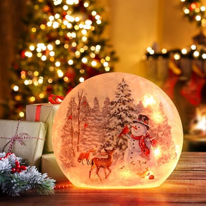Lighted Christmas Snowman Lamp with Deer & Cardinal - Hand Painted Glass Holiday Decor