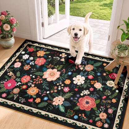 Entryway Rug 2x3 Black Floral Washable Non-Slip Indoor Mat - Home Decor