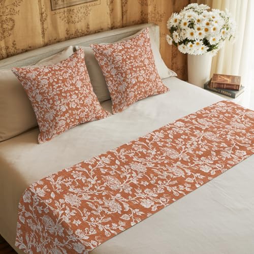 King Size Botanical Rose Bed Runner Set with Pillow Covers Burnt Orange 94x20"