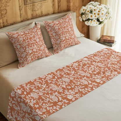 King Size Botanical Rose Bed Runner Set with Pillow Covers Burnt Orange 94x20"