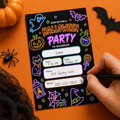 Neon Ghost Halloween Party Invitation Set - 20 Glow Cards with Envelopes